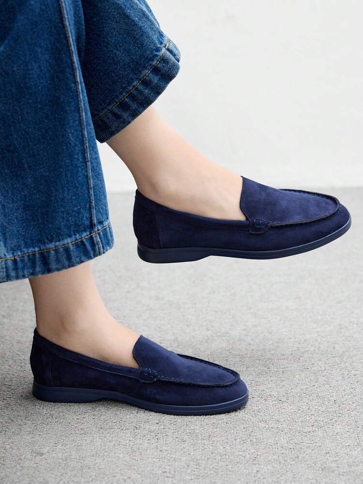 CUCCOO BIZCHIC Women's Navy Blue Suede Comfortable Casual Loafers, Versatile Flat Slip-On Shoes Suitable For Outdoor, Work, Daily Wear For Christmas Spring Shoes