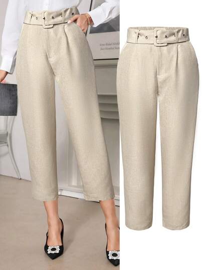 Ellevyn Women's Long Waist Belt Tapered Pants, Elegant Gray Color, Suitable For Daily Commute