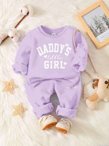 柔紫色可愛字母 Daddy's Little Girl❤ 嬰兒女童休閒加厚柔軟長袖圓領運動衫與運動褲套裝，適合秋冬 - 紫色 - 查看 2