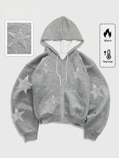 Street Life Herren Pentagramm Stern bestickte Reißverschluss Kapuzenjacke Lässig Sweatshirt, Herbst Winter