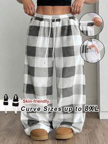 SHEIN CURVE+ 大码格子蓬松阔腿裤，休闲秋冬款 - 彩色 - 查看 1