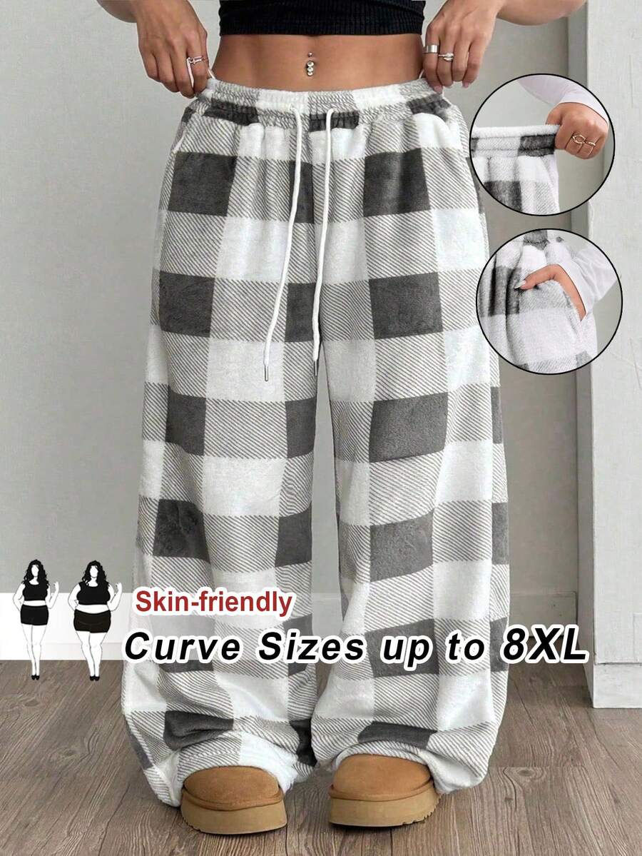 SHEIN CURVE+ 大码格子蓬松阔腿裤，休闲秋冬款 - 彩色 - 查看 1