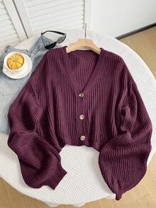 SHEIN EZwear Áo len chui đầu dài tay màu tím đỏ cỡ lớn - Màu đỏ tím - Xem 3