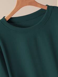 Lacomfia Plus Size Casual Solid Color Round Neck Patch Sleeve Loose Fit Sweatshirt, Spring & Autumn - Dark Green - View 4