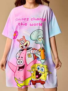 SpongeBob SquarePants | SHEIN 大码渐变字母卡通图案短袖睡衣，哞哞睡裙 - 彩色 - 查看 1