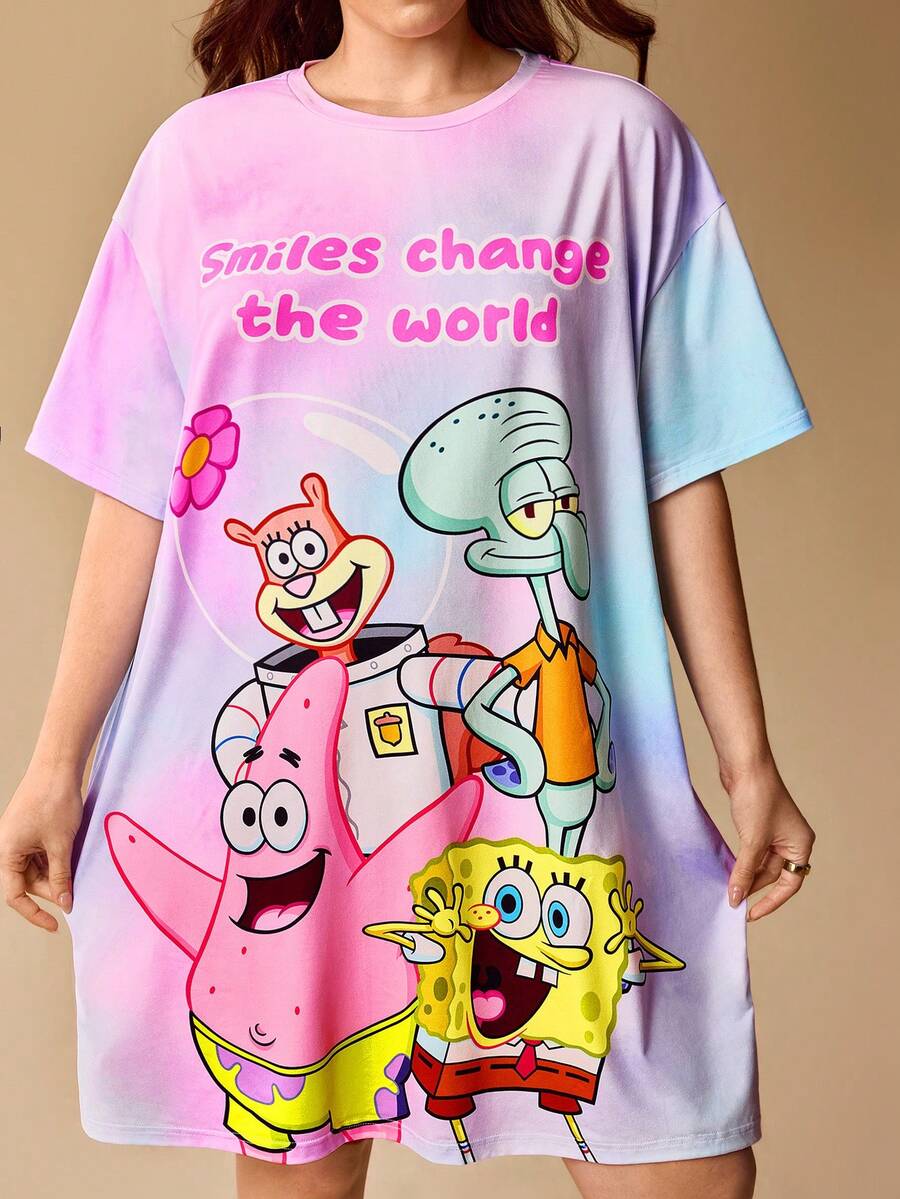 SpongeBob SquarePants | SHEIN 大码渐变字母卡通图案短袖睡衣,哞哞睡裙 - 彩色 - 查看 1