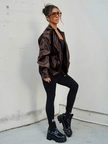 SAYEHFBABY Zip Up Drop Shoulder PU Thick Leather Jacket In Fall/Winter - Brown - View 4