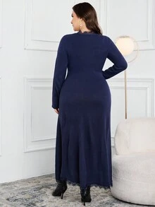 Modelyn 大码女式休闲修身长袖毛衣连衣裙秋冬女装 - 藏蓝色 - 查看 2