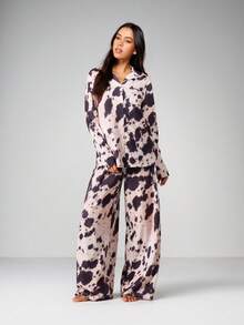 MISSGUIDED 女士奶牛印花睡衣套装 长袖纽扣睡衣衬衫 阔腿裤 家居服 - 彩色 - 查看 1