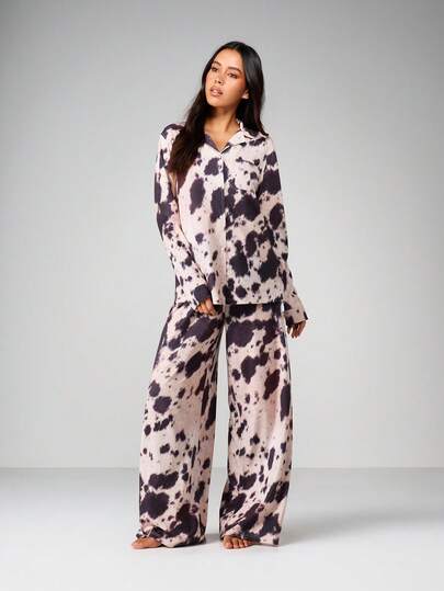 MISSGUIDED Women's Cow Print Pajama Set Long Sleeve Button Down Sleep Shirt Wide Leg Pants Nightwear Loungewear