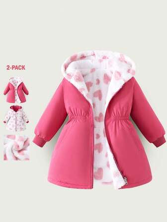 Tween Girls' Casual Cute Solid Woven Cinched Waist Hooded Long Sleeve Reversible Sherpa Thermal Lined Jacket, Autumn/Winter