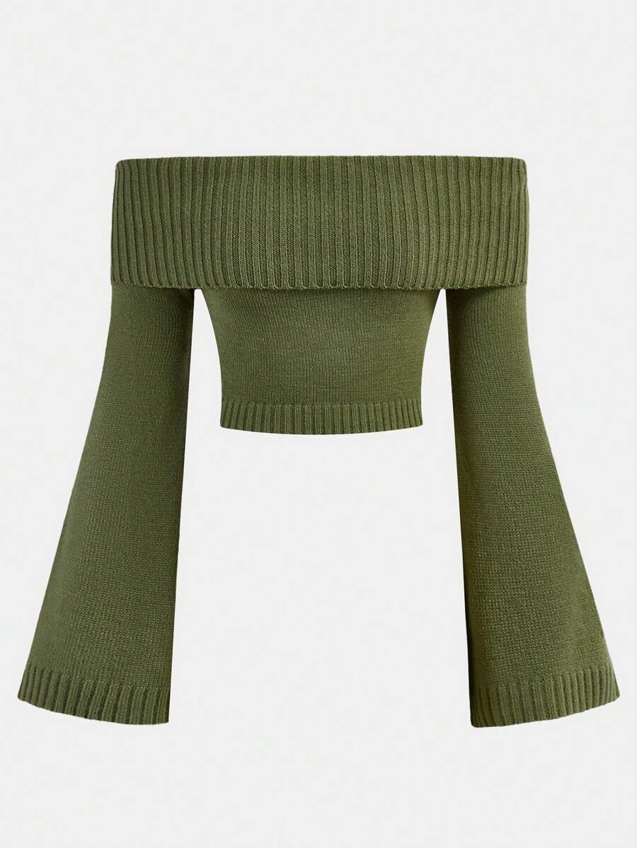 SHEIN Girlism Teen Girls' Green Off Shoulder Flare Sleeve Cropped Knit Sweater, Autumn/Winter - Green - View 1