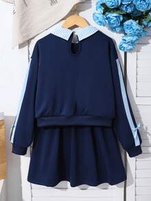 2pcs/Set Pakaian Sekolah Gaya Remaja Perempuan Warna Biru Tua Musim Gugur Kasual untuk Kembali ke Sekolah, Kemeja Kerah 2 in 1 Sweatshirt, Rok Lipit, Dekorasi Pita, Rajutan - Burgundy - View 2