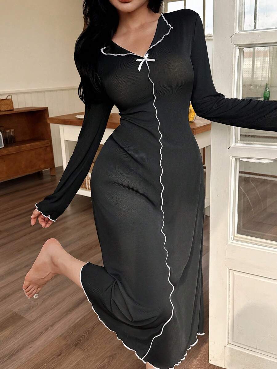 SHEIN 女士休闲黑白撞色针织罗纹修身长袖中长连衣裙,饰有蝴蝶结,冬季 - 黑色 - 查看 1