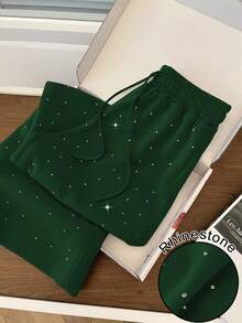 GlowEve Celana Jogging Wanita Model Lurus dengan Hiasan Rhinestone, Pinggang Tinggi, Tali Serut, Potongan Longgar - Dark Green - View 3
