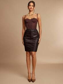 Silquee Women's Solid Color Waist Belt Pocket PU Leather Skirt - Coffee Brown - View 3