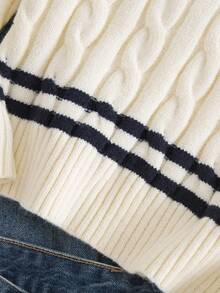 SHEIN Sweater Pullover Tebal Kasual Longgar Leher V dengan Motif Garis-Garis Kontras Warna, Biru Tua dan Putih, Musim Gugur, Sekolah, Pakaian Preppy untuk Kembali ke Sekolah untuk Anak Perempuan Remaja - Krem - View 6