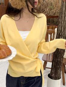 DAZY Women's Loose Business Casual Elegant Yellow Tie-Up Drawstring Oblique Placket Design Knit Cardigan, Suitable For Autumn, Winter, New Year, Christmas - Yellow - View 1