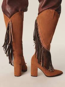 Styleloop Women's Sparkling Rhinestone Fringe Black Warm Western Style Cowboy Boots, Suitable For Halloween, Christmas, Party Outfits - Brown - View 5