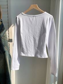 Comfortcana Áo thun nữ tay dài cổ tròn raglan 95% cotton tối giản, thoải mái, màu đen, ôm vừa vặn - trắng - Xem 2