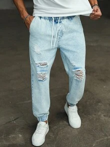 Manfinity Homme Men's Drawstring Waist Pocket Distressed Casual Tapered Jeans