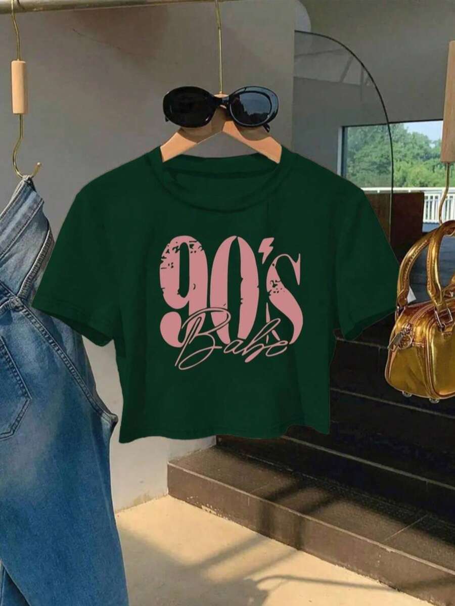 Camiseta para mujer estilo retro urbano estampado 90's Baby tela brillante oversize fit cuello redondo manga corta primavera/verano uso diario crop top - Verde Oscuro - Ver 1