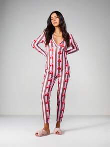 MISSGUIDED Long Sleeve Cherry Print Striped V Neck Romper Jumpsuit With Full Length Legs For Spring Summer - Multicolor - View 4