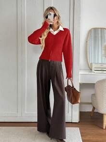 Easowa V-Neck Zip Hem Relaxed Casual Pullover Sweater For Women In Fall/Winter - Red - View 8