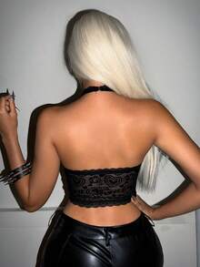 Women's Romantic Lace Sexy Halter Backless Lingerie - Black - View 2