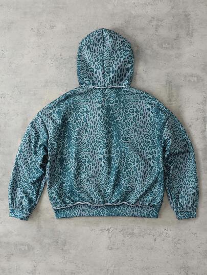 Sweat-shirt à capuche à imprimé léopard de style américain vintage à manches longues et col zippé pour hommes