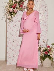 Loomaby Elegant Pink Autumn Pregnant Maternity Dress,Solid Color Flare Sleeve Bow Decor Baby Shower Dress,Gender Reveal Breastfeeding Gown For Photoshoot - Pink - View 6