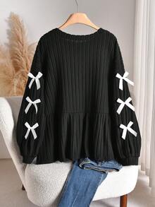 CosyJoli Plus Size Casual Bowknot A-Line Ribbed Brushed Round Neck T-Shirt Spring - Black - View 3