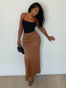 Alexandranx Falda de longitud maxi de un solo color para uso diario, conjunto de ropa de mujer - Óxido marrón - Ver 6