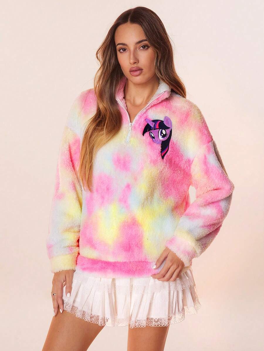 My Little Pony X SHEIN 女士休闲扎染独角兽刺绣毛绒卫衣,秋冬可爱卫衣蓬松卫衣Y2K扎染卫衣 - 粉色 - 查看 1