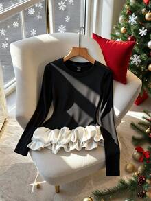 GlowEve Women's Autumn/Winter Knitted Elastic Round Neck Asymmetric Peplum Hem Colorblock Casual T-Shirt - Black and White - View 3