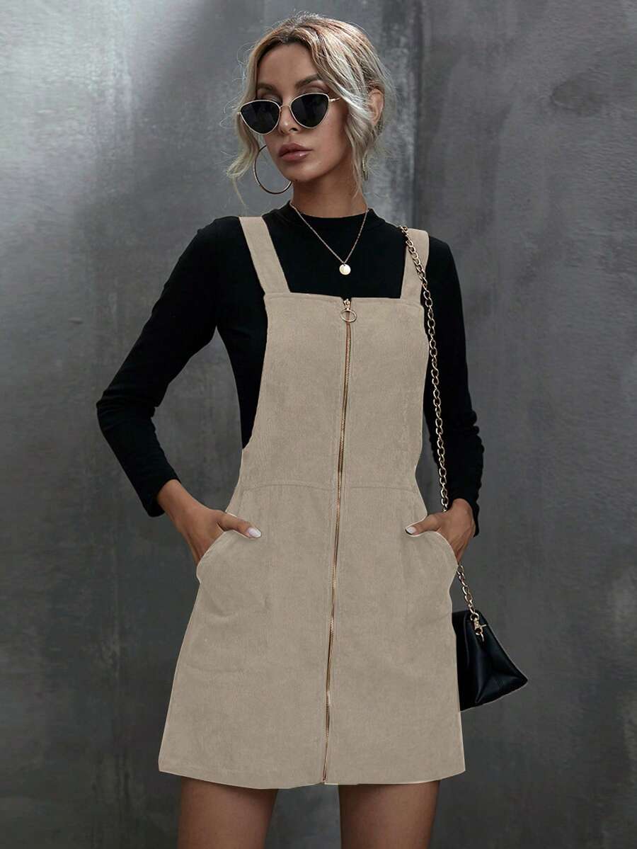SHEIN LUNE Váy dây rút cổ khóa kéo màu trơn dành cho nữ, mùa thu - Màu Khaki - Xem 1