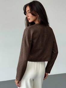 Women's Loose V-Neck Long Sleeve Fashionable Cropped Elegant Top - Coffee Brown - View 2