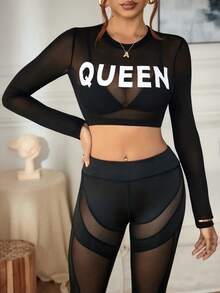 SHEIN Sports Women's Casual Slogan Mesh Round Neck Long Sleeve Sheer Workout Top,Black And White,Summer,Sexsy,Gym Adult Sports T-Shirt Set For Daily Wear - Black - View 3