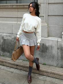 SHEIN EZwear Women's Metal Buckle Decor Hollow Short Sweater In Fall/Winter - White - View 4