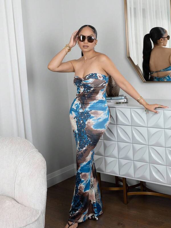 Melissa Matos Sleeveless Twist Cutout Back Tie Up Bodycon Maxi Leopard Print Dress