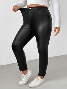SHEIN Essnce Plus Size Women's Black Winter Smart Casual Date Night Thermal Lined PU Leather Leggings, Stretch Pocket Pants,Warm Fall Clothes For Women - Black - View 2