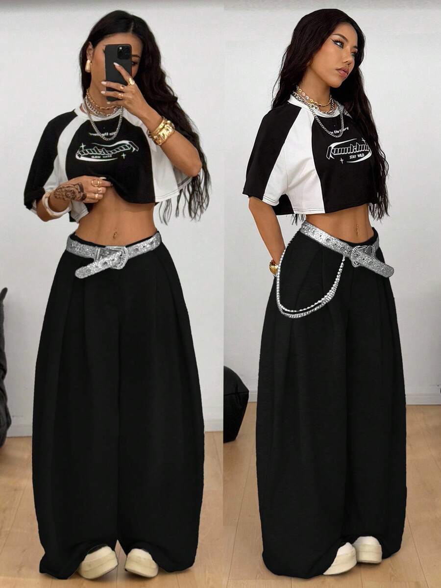 Coolane 女式夏季复古休闲嬉皮街头宽松法式灰色弧形下摆长裤 - 黑色 - 查看 1