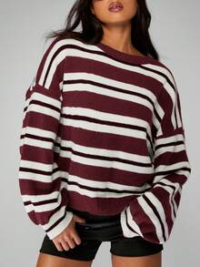 MISSGUIDED Boxy Fit Oversized Striped Knit Sweater With Drop Shoulders And Ribbed Cuffs For Fall Winter Casual Wear Christmas - Burgundy - View 4