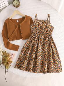 SHEIN 女童休闲度假咖啡棕色条纹针织开衫和碎花吊带连衣裙两件套，秋冬款 - 棕色 - 查看 6