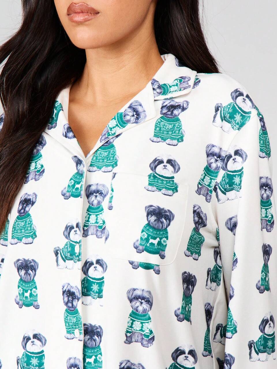 MISSGUIDED Süßer Hund Muster Langarm Knopf Pyjama Set für Damen Nachtwäsche Lounge Oberteil und Unterteil