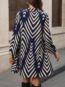 EMERY ROSE 女式 V 领 A 字拼色印花长袖连衣裙 - 藏蓝色 - 查看 2