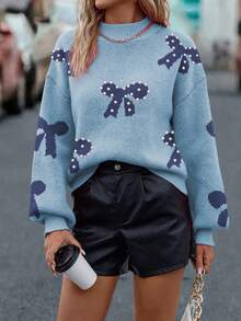 EMERY ROSE Suéter casual com laço e pérolas, ideal para outono/inverno. - Azul - Ver 5