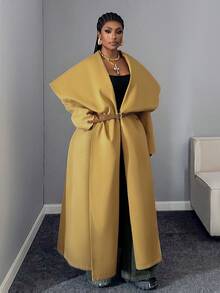 Maweii Plus Size Women's Elegant Party Fashion Design Shawl Collar Functional Pockets Cinched Waist Waist Casual/Work A-Line Solid Color Overcoat - Rust Brown - View 4