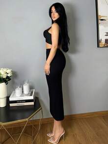 Vassilux Elegant Solid Color High Waist Slim Fit Skirt, Suitable For Commuting - Black - View 5
