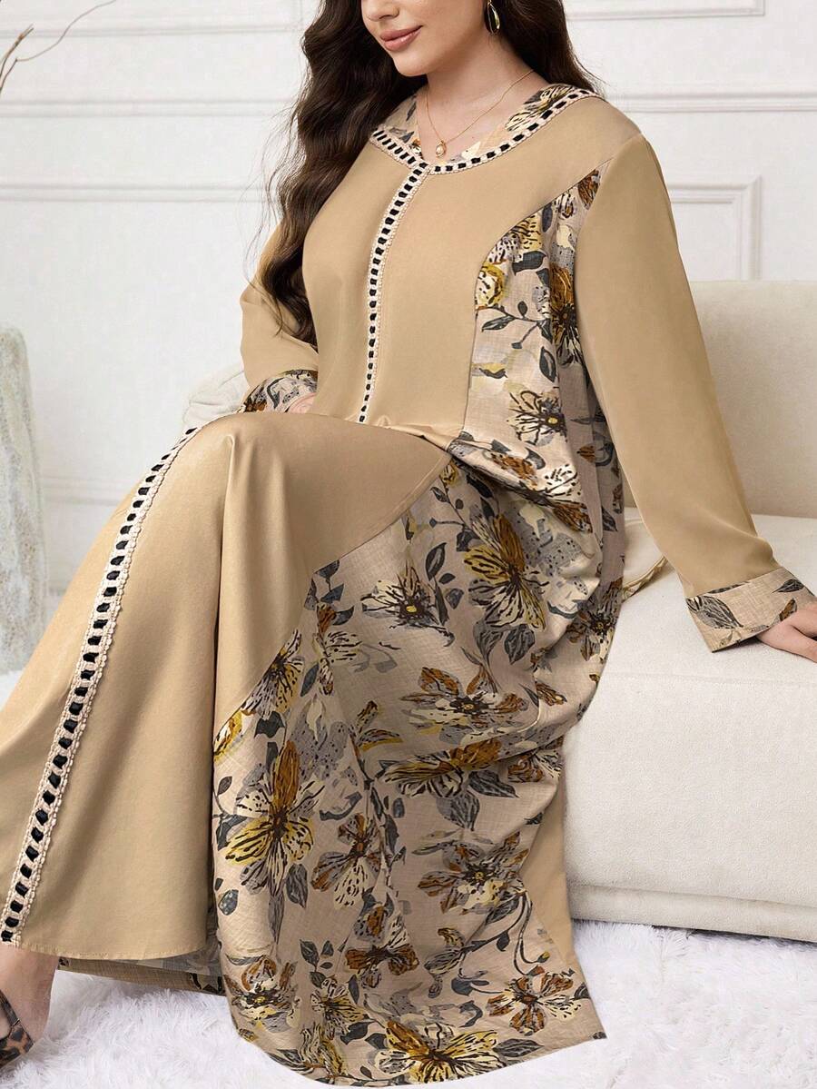 Al Najma 大码女式印花优雅长袖阿拉伯风格连衣裙 - 咖啡棕 - 查看 1